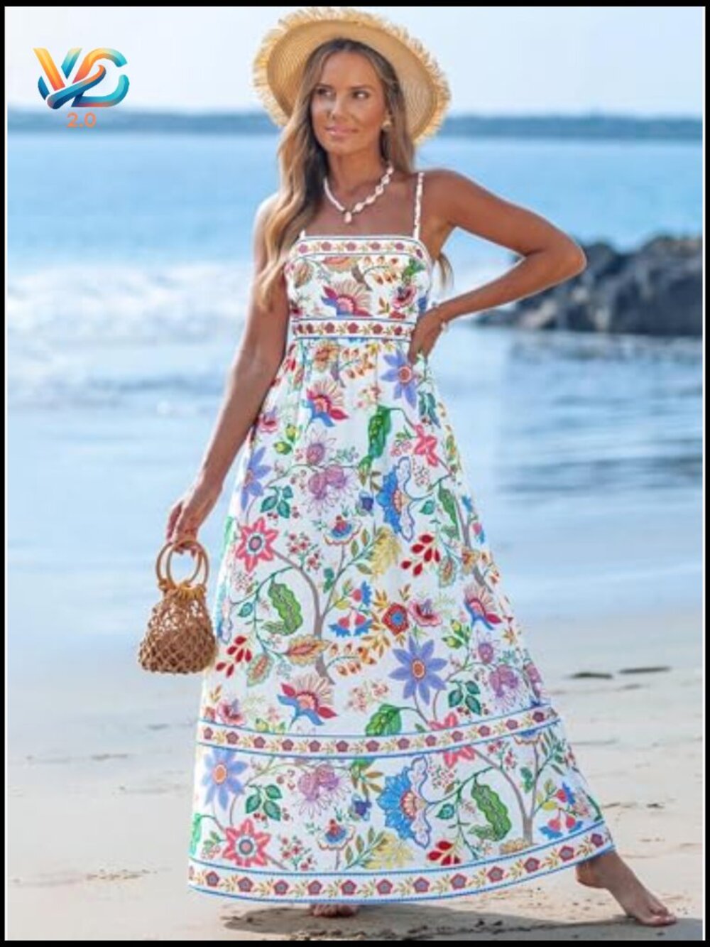 Women's Spaghetti Strap Maxi Dress Boho A-Line Flowy Sleeveless Sun Dress - Picture 6 of 7